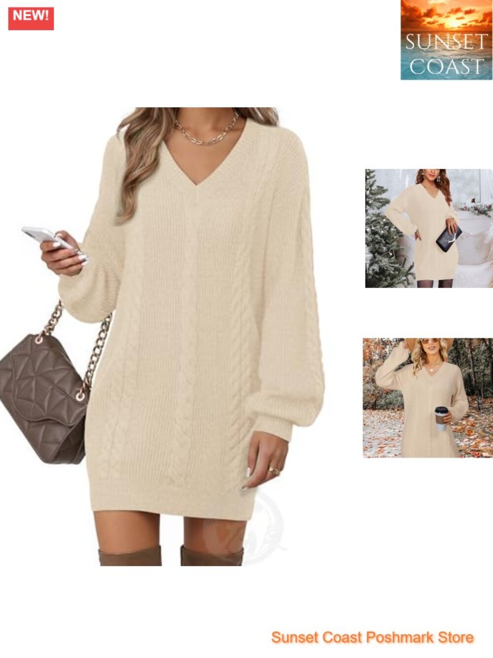 V Neck Lantern Sleeve Knit Mini Sweater Dress
